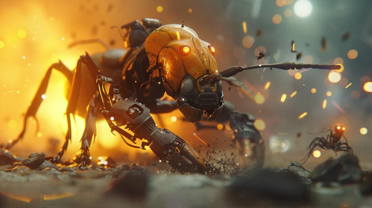 A robot ant drags a ed man out of battle, the atmosphere of a war action film, dynamic lighting, tracers, explosions