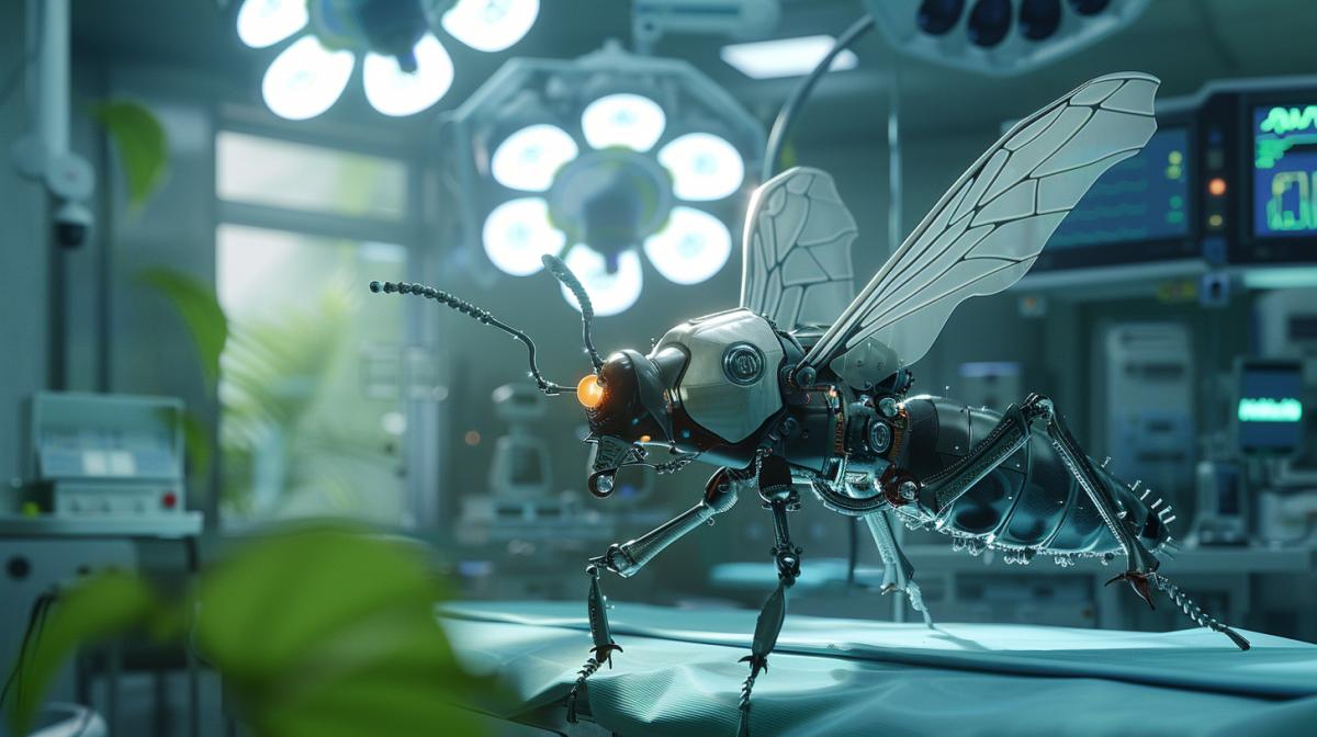 Insect robots perform medical in the operating room of the future, medical equipment in the background, maximum details