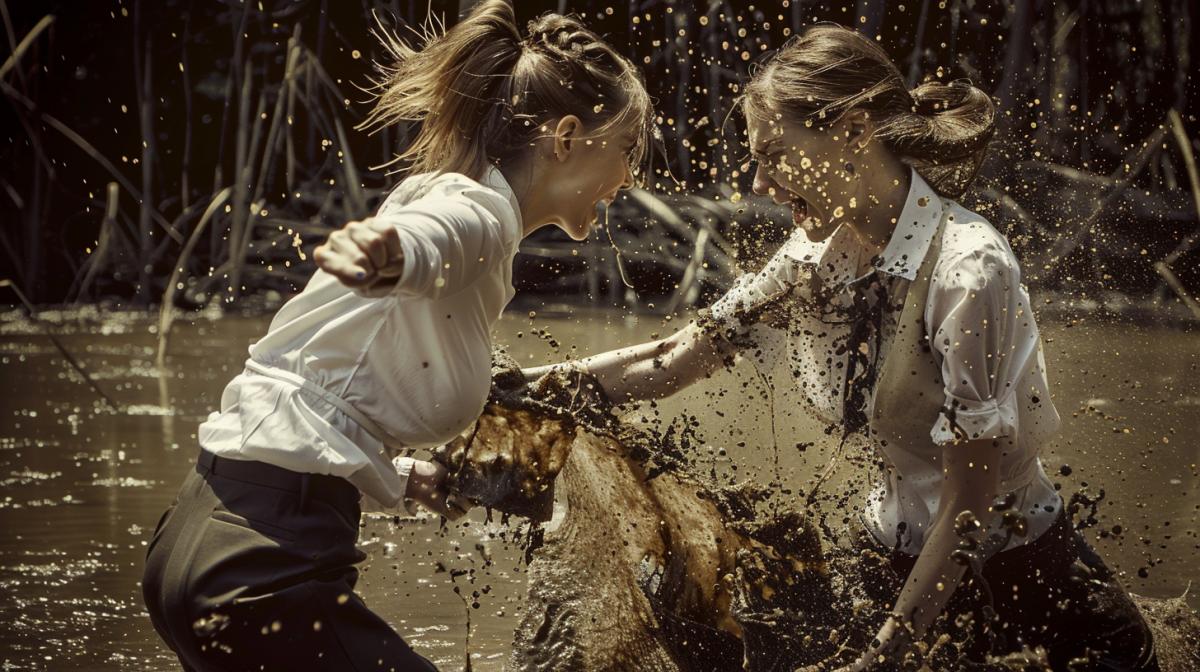 A fight between two businesswomen in swamp mud, splashes, white blouses, strict hairstyles, miniskirts, photography, maximum details,