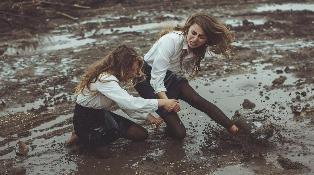 Two businesswomen wrestling on the ground in the mud, white blouses, long hair, skirts, photography, maximum details,