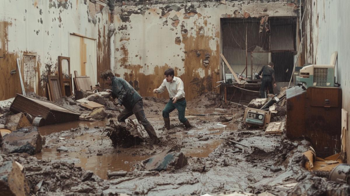 An office in an open field covered in mud, employees fighting, photo.