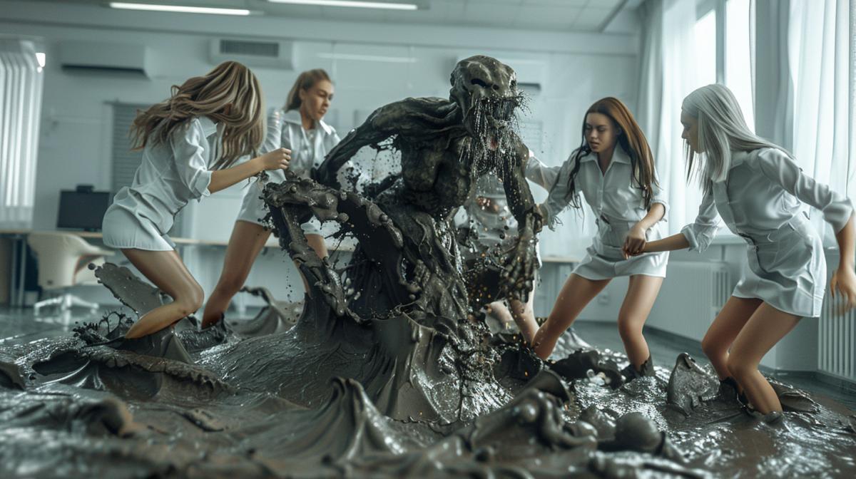 Office workers in the office are fighting against a mud monster made of flowing mud, girls in white tops and skirts, the atmosphere of the office of a large company, photography, dynamic lighting