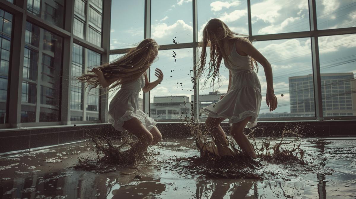 Girls with long hair in tank tops and skirts wrestling in a puddle of mud, against the backdrop of a modern office.