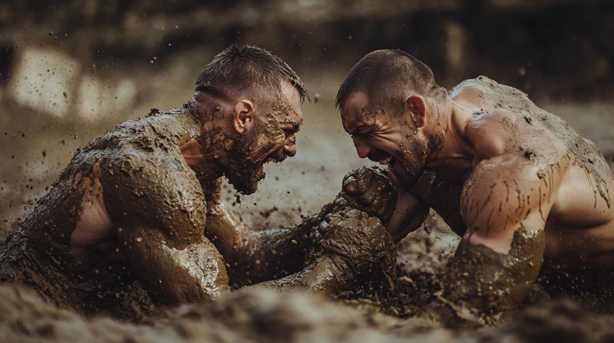 Photo of 2 strong men wrestling in the mud, both covered in mud, smiling at each other. Shot on a Canon EOS Mark III at f/2 in natural light and from a low angle