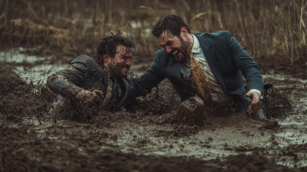 A muscular man in an office suit wrestles in the mud with another man as they both lie in an open field of wet dark dirt. They are both smiling, side view, dirt splashing around their faces, dirty faces and hair. The image was taken using a Canon EOS R5 with an aperture of F2, ISO 30 and a focal length of 89mm.