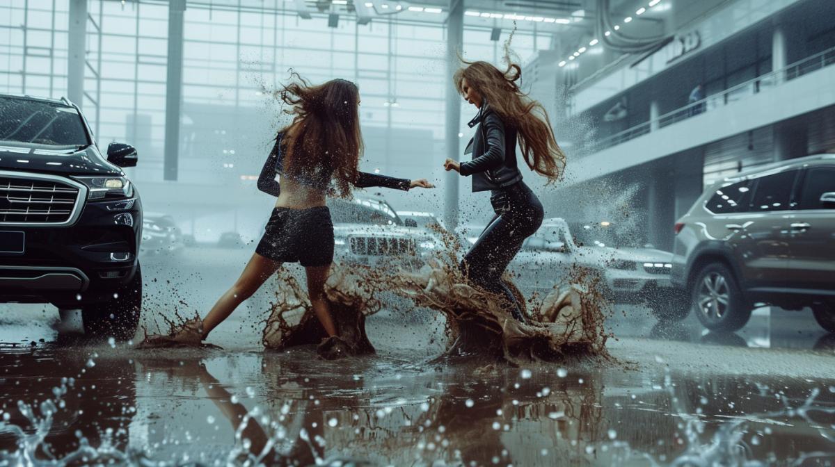 Fighting in a puddle of mud in the middle of a large showroom with new cars of two girls with long hair in luxury and underclothess, photo