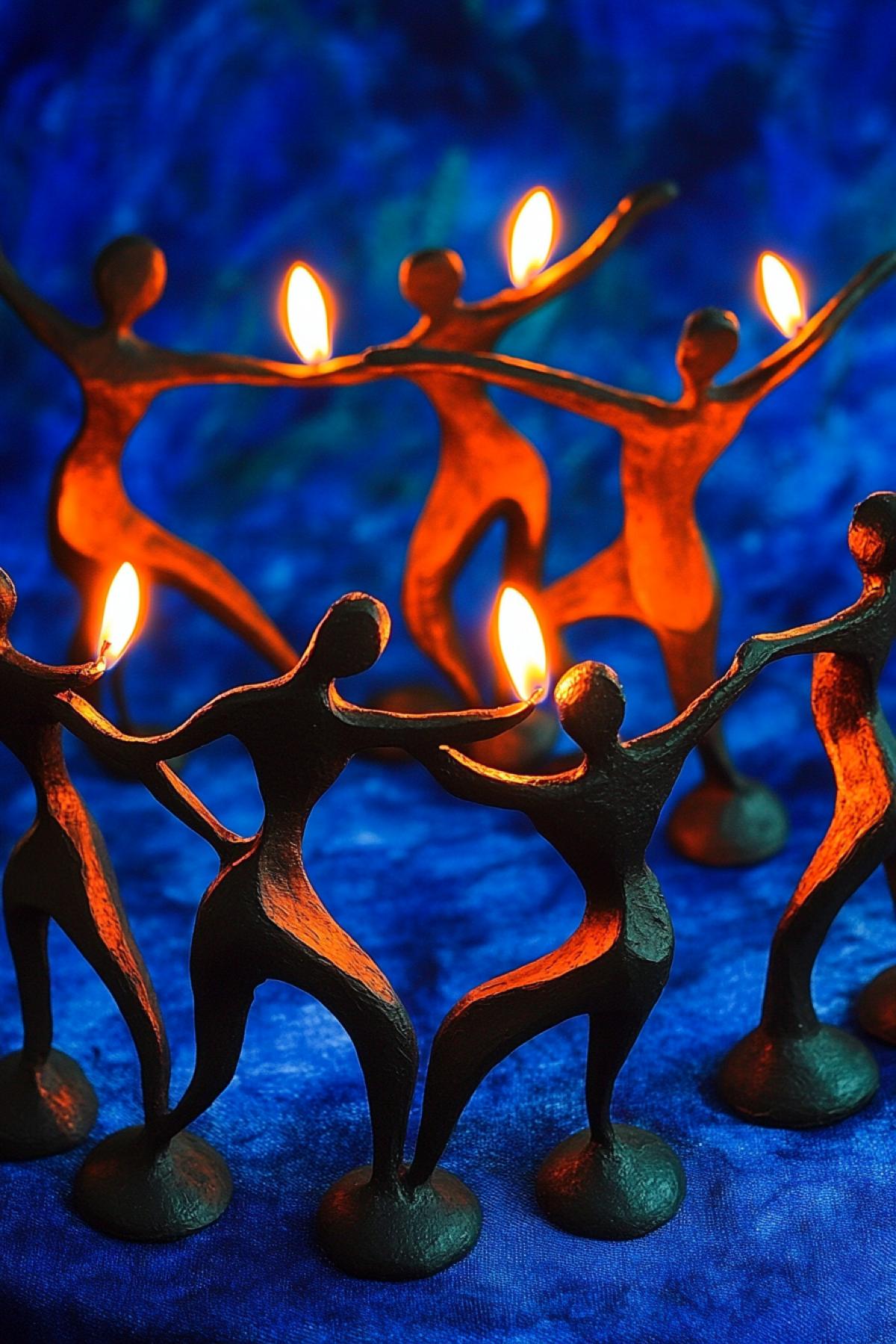 Set of burning candles copying dancers figures of Matisses dance upon dark-blue velvet tablecloth
