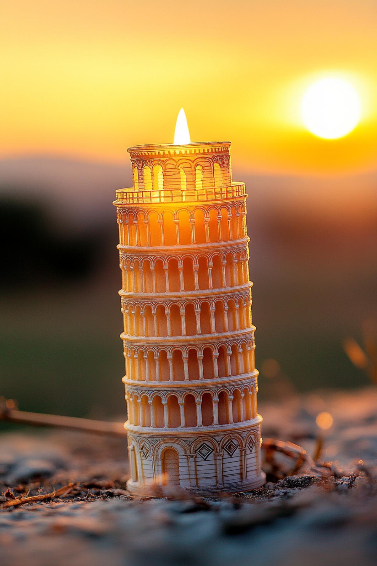Leaning burning candle shaped as leaning tower of Pisa natural size in sunset rays