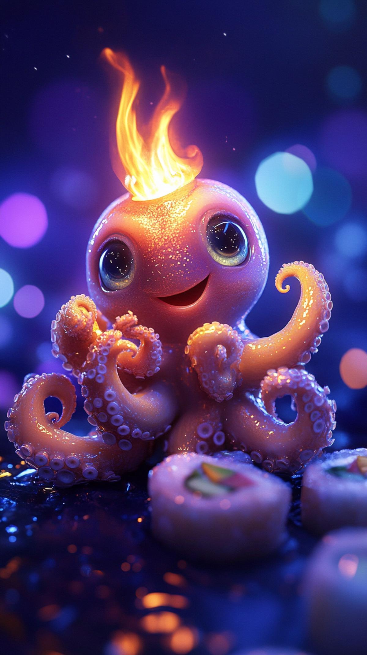 Ethereal ultra realistic futuristic cute adorable little octopus in the form of a burning candle with a big human smile and big beautiful dreamy eyes eats sushi, sits in a fantasy world, background in dark blue-violet sparkling tones, glare, bokeh, diffused lighting, fantasy, intricate, highly detailed, realistic, concept art