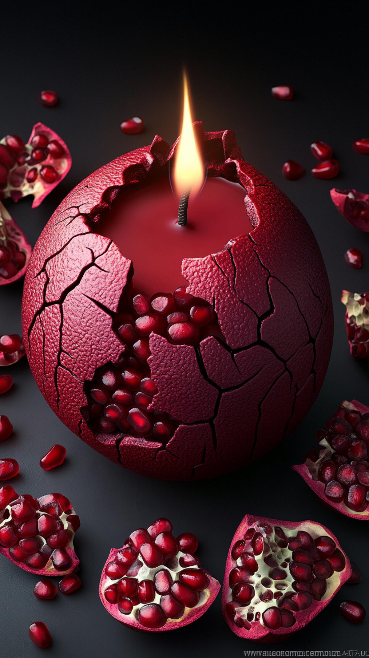 A cinematic photograph of a burgundy candle resembling a cracked pomegranate. The candle is shot close-up from top to bottom with a three-quarter view from above. The candle has a small flame at the top. The candle is surrounded by real pomegranate fruit with hyper-realistic textures, vibrant burgundy skin with natural pomegranate seeds. The fruit is arranged in a natural, slightly chaotic manner with minimal gaps, filling the frame with tropical brightness. The lighting is strong and natural.