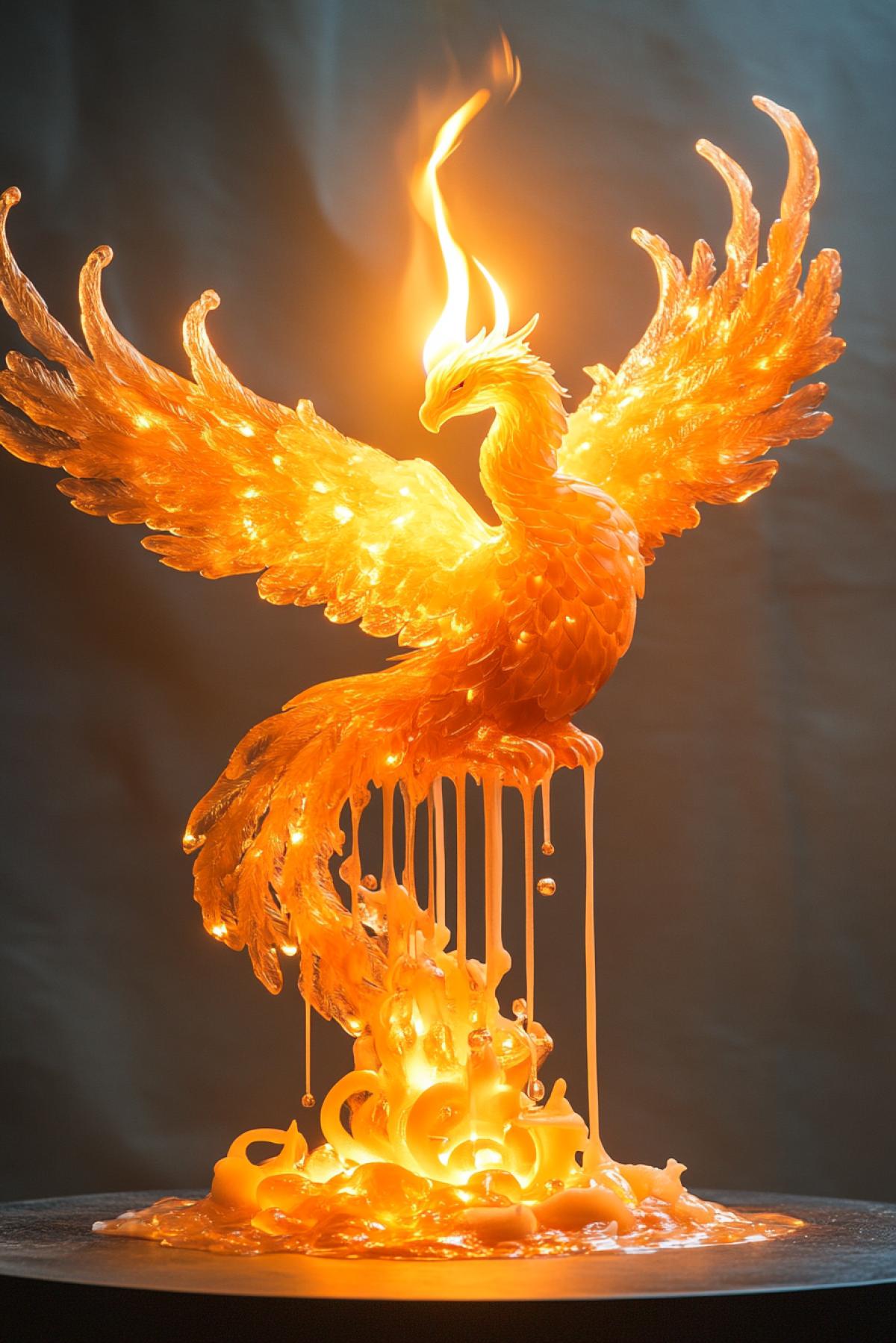 A candle made in the form of a majestic phoenix that soars in the air. When the candle lights up, the fire engulfs the wings of the bird, creating the effect that a phoenix from the flame is about to come to life. The wax slowly drips down, reminiscent of melting feathers, and turns into sparkling drops on a stand made in the shape of a fire.