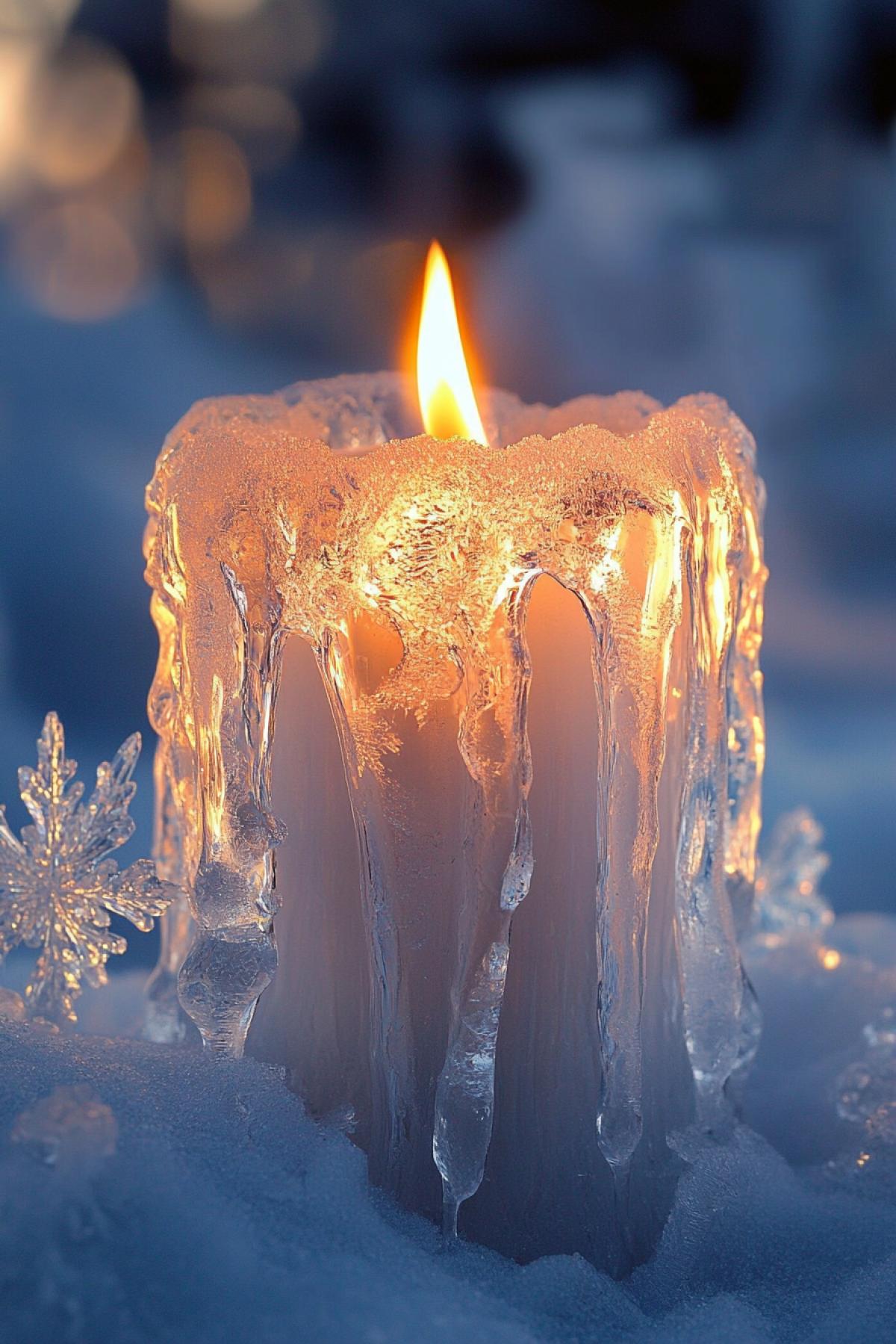 : Imagine a candle made of clear ice, inside of which burns a soft, bluish fire that does not melt the ice. The fire seems to float inside the candle, illuminating the pieces of ice like crystals. The ice candle features frozen patterns on its surface, similar to frosty windows, and sits on a stand made of sparkling snowflakes. There is a light haze around the candle, creating the effect of a mysterious flickering.