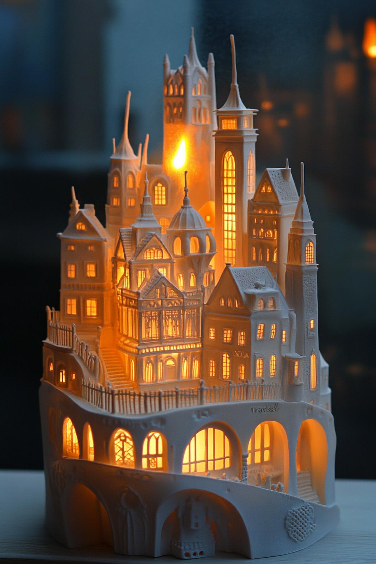 A candle in the shape of a miniature city with many towers, houses and bridges. When it lights up, the flames shoot through the windows and arches of buildings, creating the illusion that the city is living and breathing. The fire slowly \"travels\" through different levels, illuminating different neighborhoods, as if dawn were passing through the entire city.