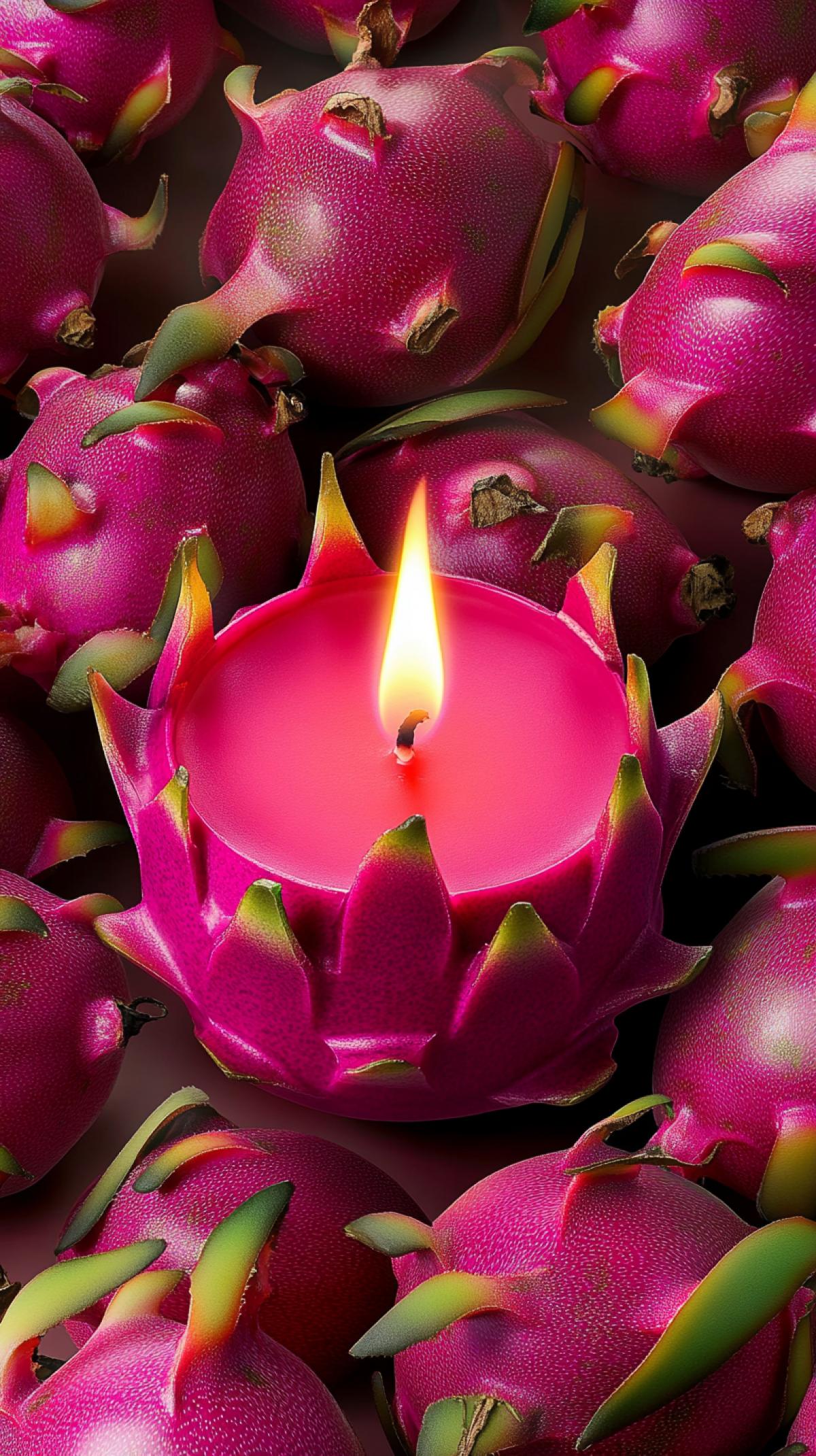 A cinematic photograph of a matte candle designed to look like a dragon fruit. The candle is in a top-down close-up shot, with athree-quarter overhead view. The candle has a small flame on top. The candle is among real dragon fruits with hyper-realistic textures, vibrant pink skin with natural green spikes, and subtle imperfections. The fruits are arranged in a natural, slightly chaotic manner with minimal gaps, filling the frame with tropical vibrancy. The lighting is strong and natural.