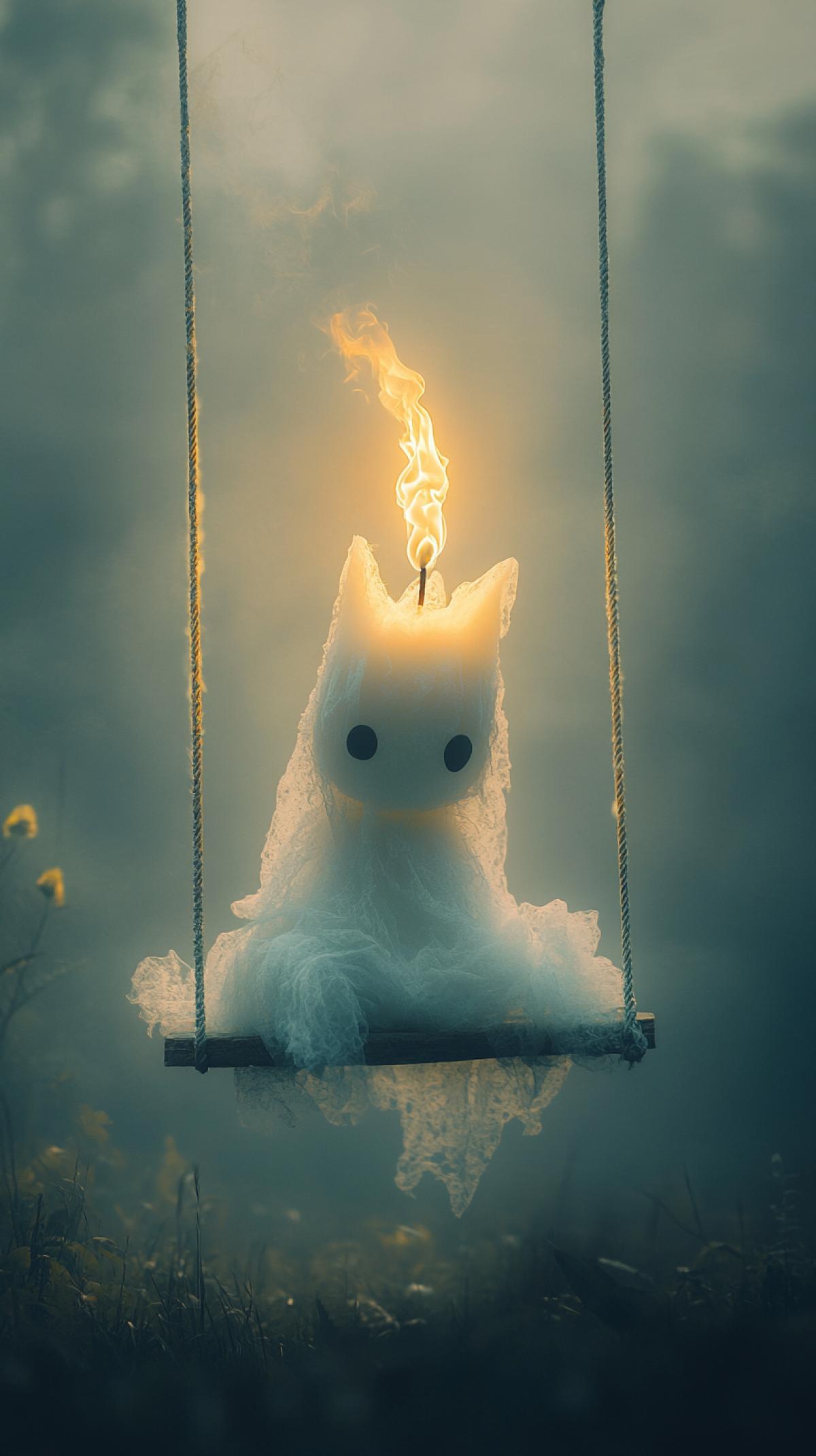 A cute ghost in the form of a burning candle, the wick burning on her head, sitting on a swing, made of white, transparent material, with a foggy background, in a fantasy style. A simple, clean picture, reminiscent of an old oil painting.