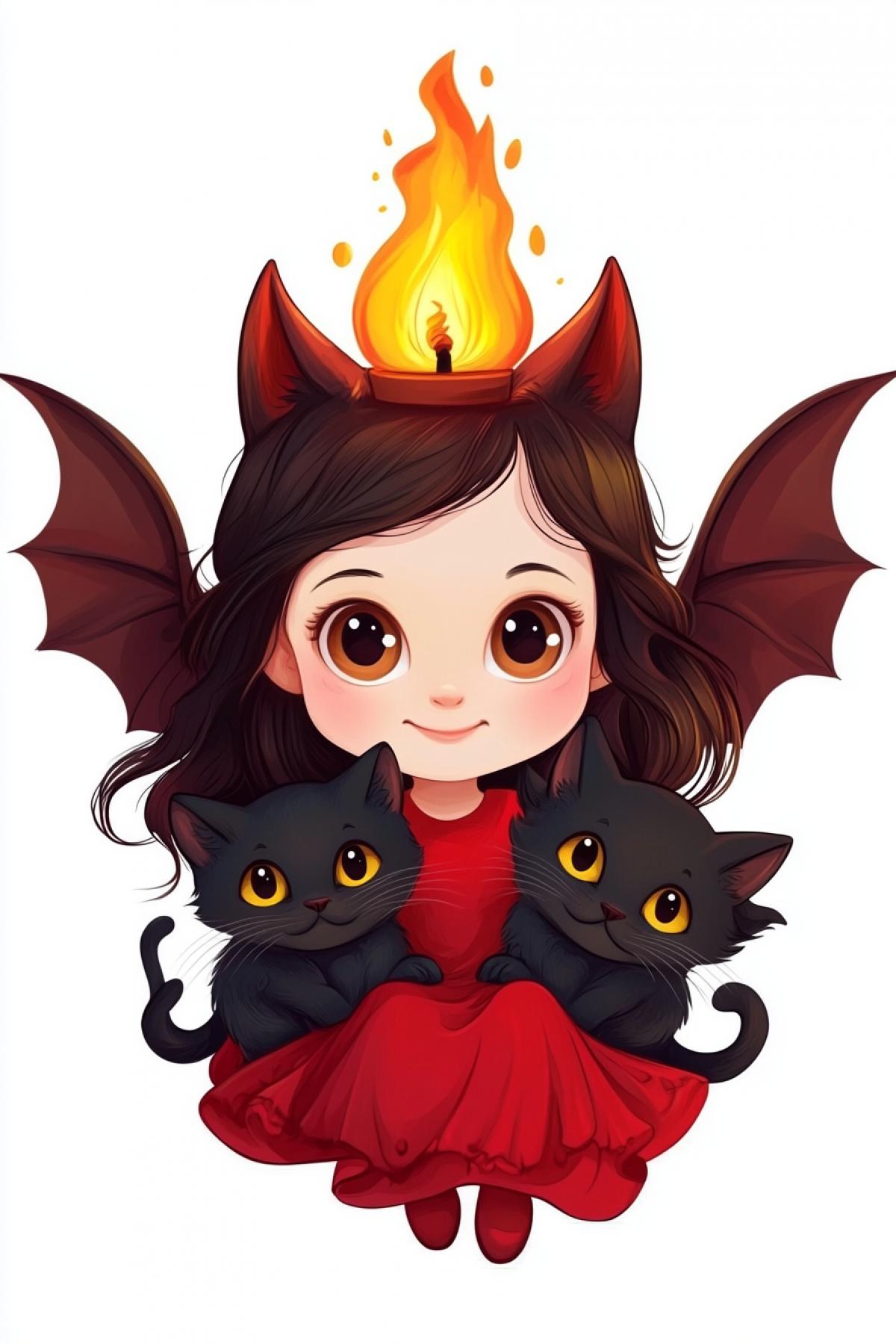 A Disney-Pixar style image of a young girl in the form of a burning candle, with bat wings, wearing a red dress, holding two dark cats, all on a white background. The girl has a gentle and curious expression, her large eyes and flowing hair create a whimsical and charming atmosphere, with a burning wick on her head. This design is done in the style of Disney-Pixar animation, with clean and simple backgrounds, bright colors, soft shadows, whimsical details and high definition rendering to highlight the playful character design.