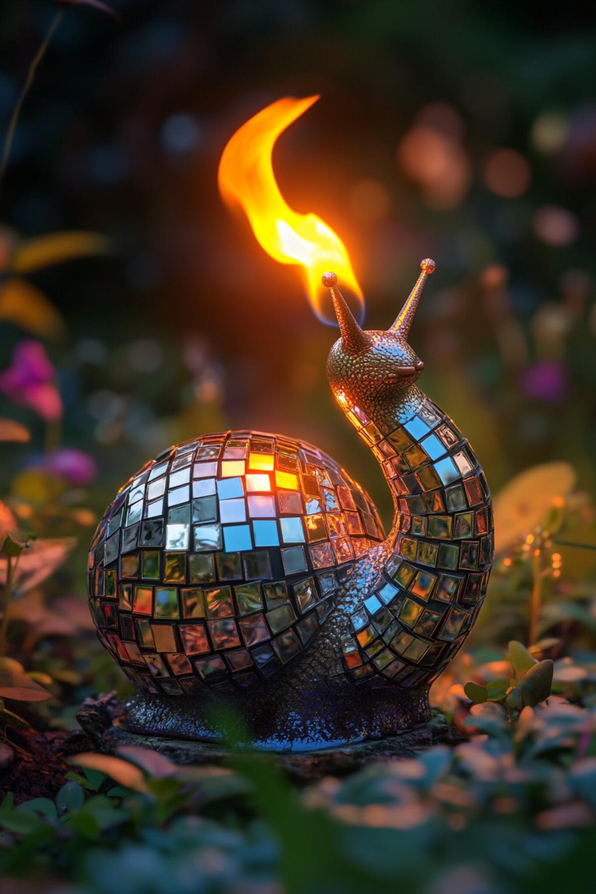 Detailed, masterpiece, professional, bold colors, high octane render, photography, HDR, close-up of a snail in the form of a burning candle, whose shell is entirely a disco ball. The shell is a perfectly round mirror sphere with small reflective tiles, like a classic disco ball. As the snail moves through a lush garden, rays and light from its burning wick on its head fall on the mirror surface, scattering light in all directions and creating a stunning array of sparkles and reflections throughout the environment. The background is slightly blurred to highlight the snail with its unique disco ball shell. Shot with a vintage camera, film grain, chromatic aberration