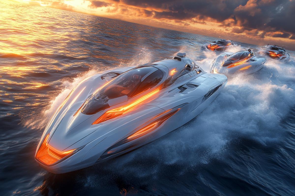 A cinematic shot of a futuristic speedboat race on a of water with large waves. The boats are sleek and streamlined, with sharp angles and bright, neon colors. They are moving at high speed, leaving large white wakes behind them. The background contains a dark sky with a vibrant orange and purple sky.