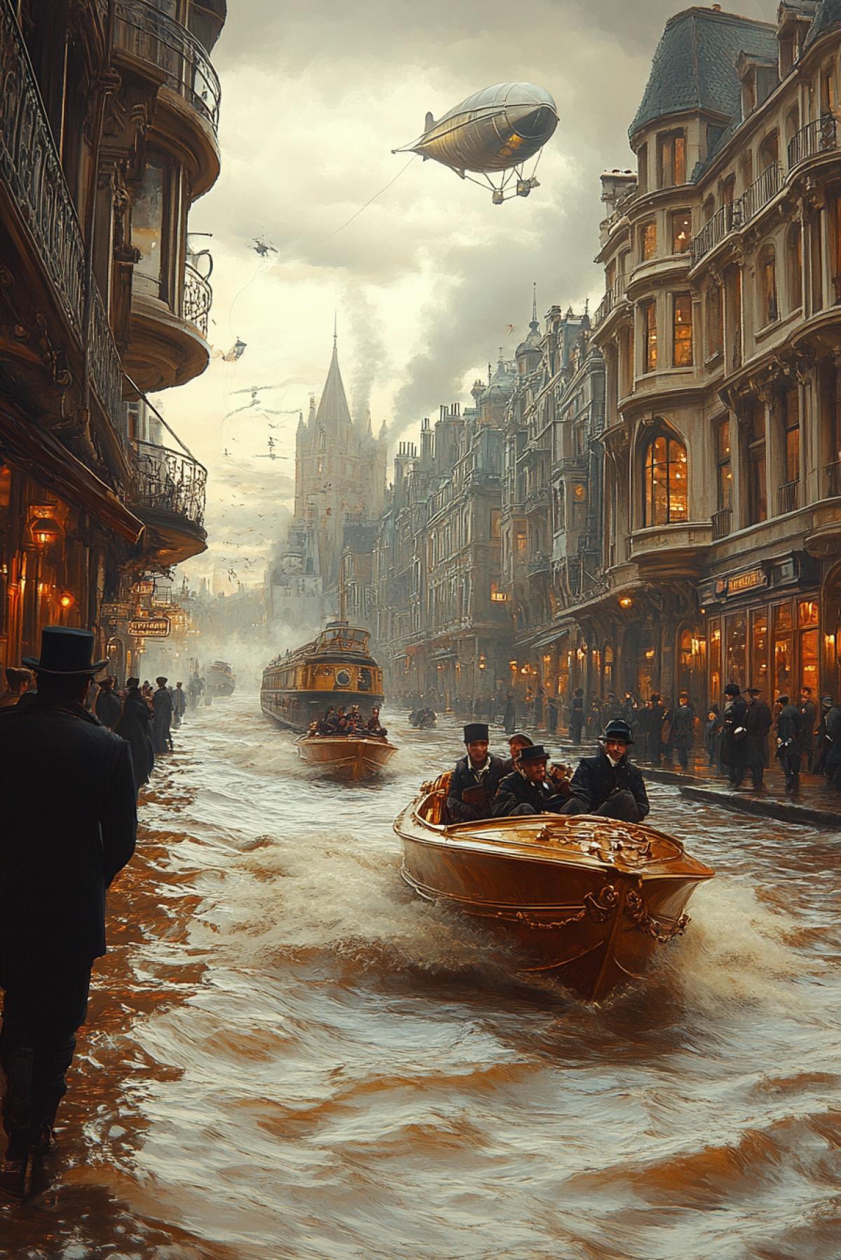 Steampunk speedboats racing on a turbulent river, steam engines and brass gears, Victorian architecture along the shore, zeppelins flying overhead, warm sepia tones, mechanical details, intense competition