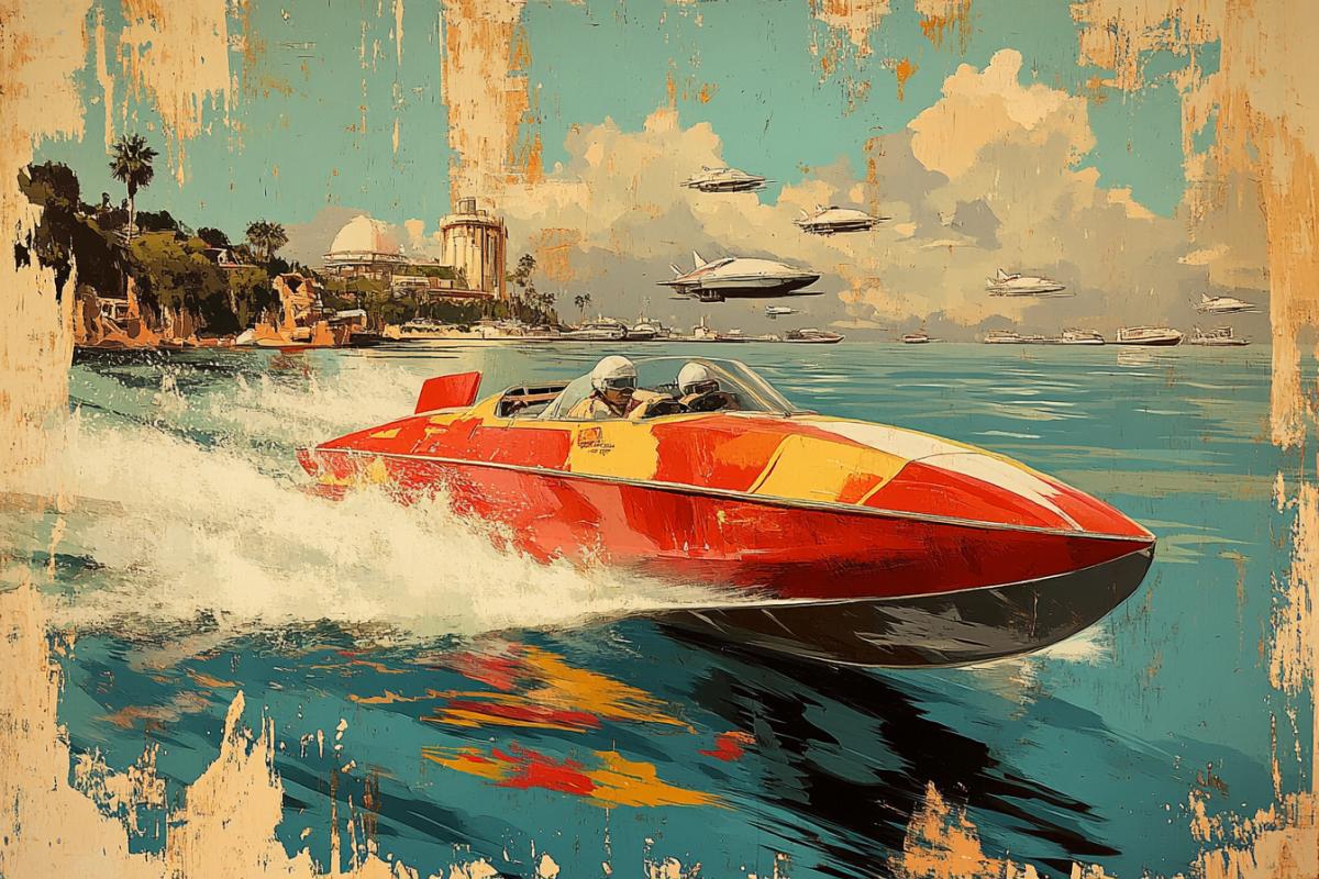 Retro-futuristic speedboats racing on sleek waters, smooth aerodynamic designs, bold colors, 1960s futuristic landscape with domed cities and flying cars, vibrant and energetic scene, retro sci-fi aesthetic