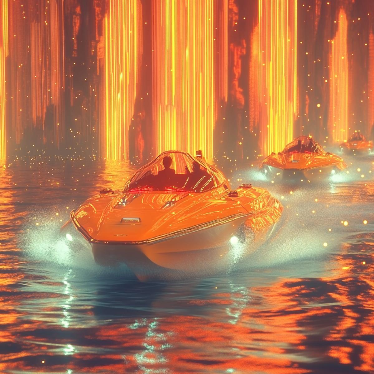 A high-speed action scene of retrofuturist speedboats racing on a neon-lit digital sea. The boats have transparent hulls and are leaving glowing trails of light in their wake. The background is filled with towering energy pillars. The overall atmosphere is intense and futuristic. Neon wave and synthpop style illustration.
