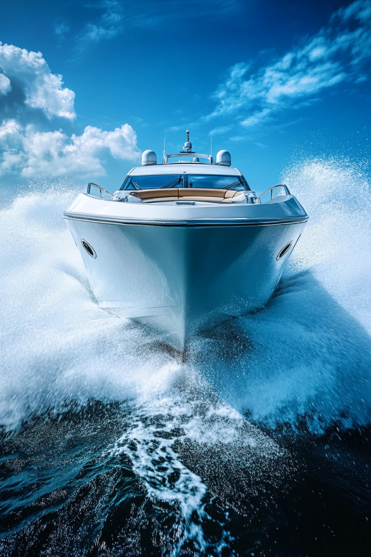 Front low close wide angle shot of futuristic speed boat moving right to camera epic side waves vibrant bright colours