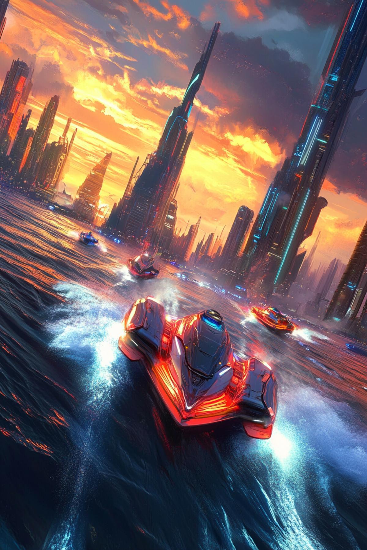 Imagine a speedboat race taking place in a futuristic world where the ocean has become a desert of water. Powerful boats with neon outlines rush through the stormy waves, scattering giant waves and spray around. Bright light trails follow the boats, and in the distance there are big futuristic skyscrapers against the backdrop of the sunset.