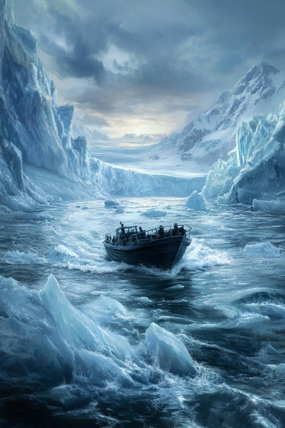 Boats speed through icy waters among floating icebergs. Giant pieces of ice create natural obstacles, and boats masterfully maneuver between them, the ice surface. Splashes of water mix with ice crumbs, creating the effect of freezing vortices, and the dawn sky is visible against the backdrop of majestic glaciers.