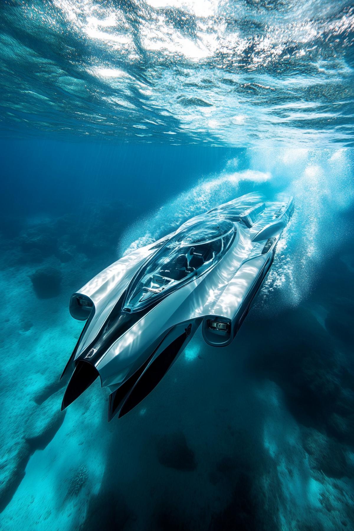 Imagine racing boats equipped with underwater modules, racing on the surface and partially underwater. Their bodies resemble sharks, their fins cut through the water, creating the effect of seething wakes. Half of the race takes place underwater, and spectators can watch the action through transparent domes located on the seabed.