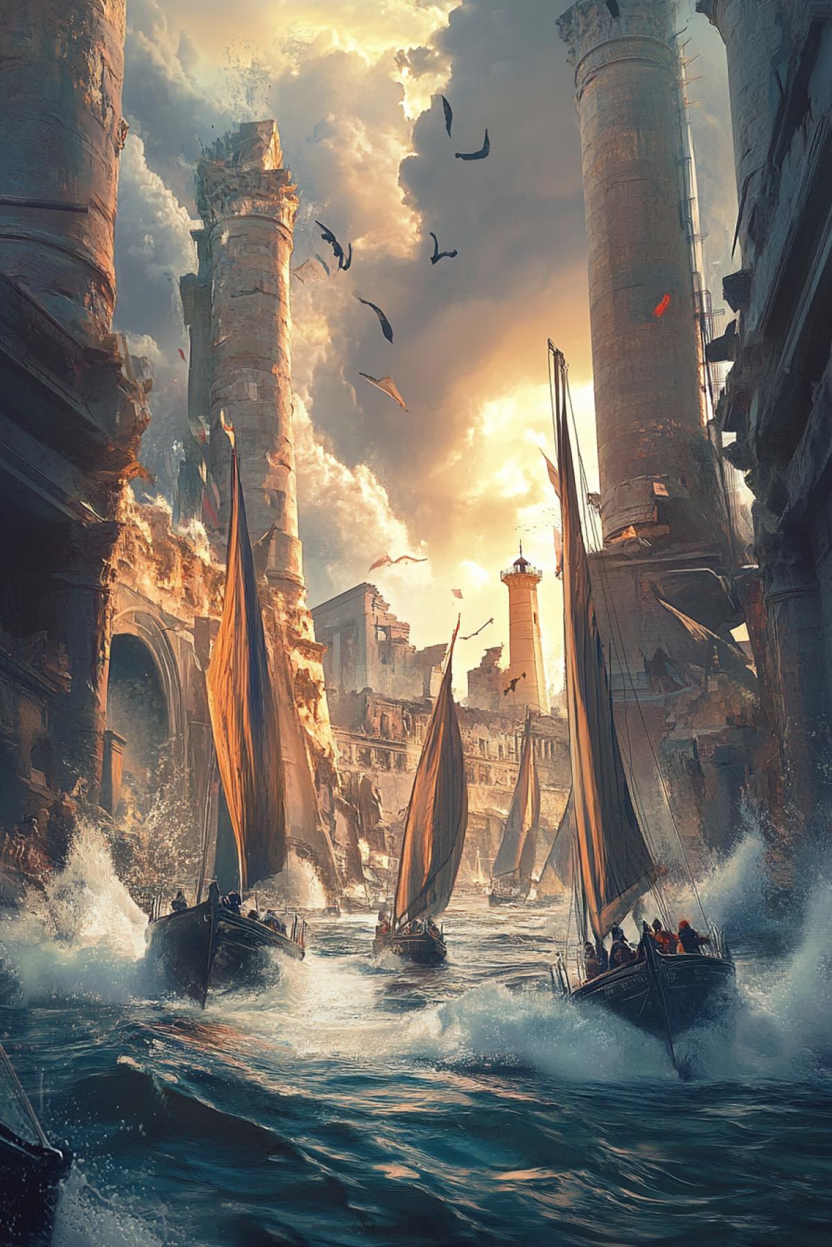 The race takes place among the ruins of a flooded ancient city. Boats rush at full speed through the arches of destroyed temples and cross squares drowned in water. Colossal fountains of spray rise from the surface as boats rush among the submerged columns, and in the background you can see an ancient lighthouse, illuminated by the lights of the sunset.