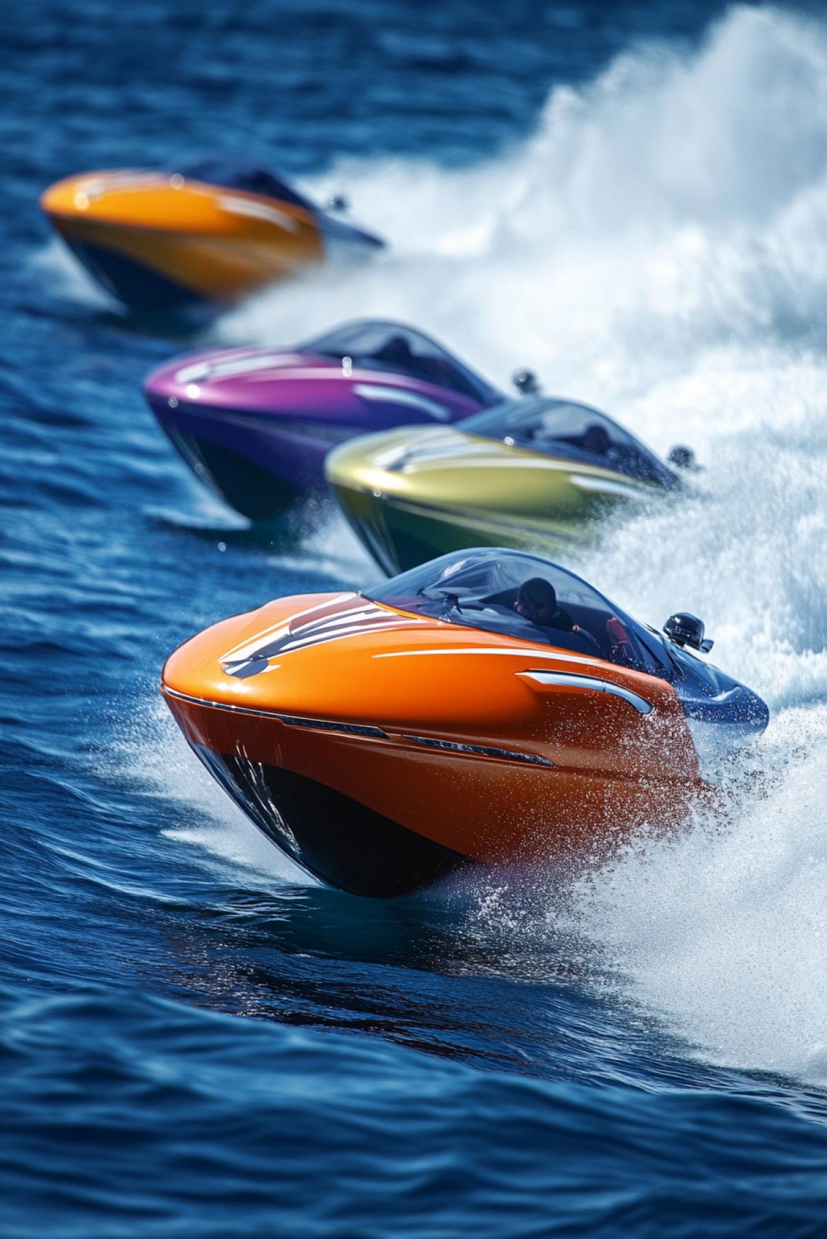 Several futuristic concept speed boats in sharp turn notes high up low view wide focus 135 degrees vibrant bright colours epic waves