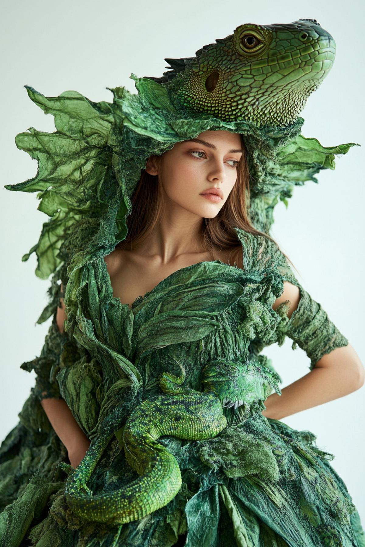 Dress made of fabric alive green lizards on 23yo beautiful model