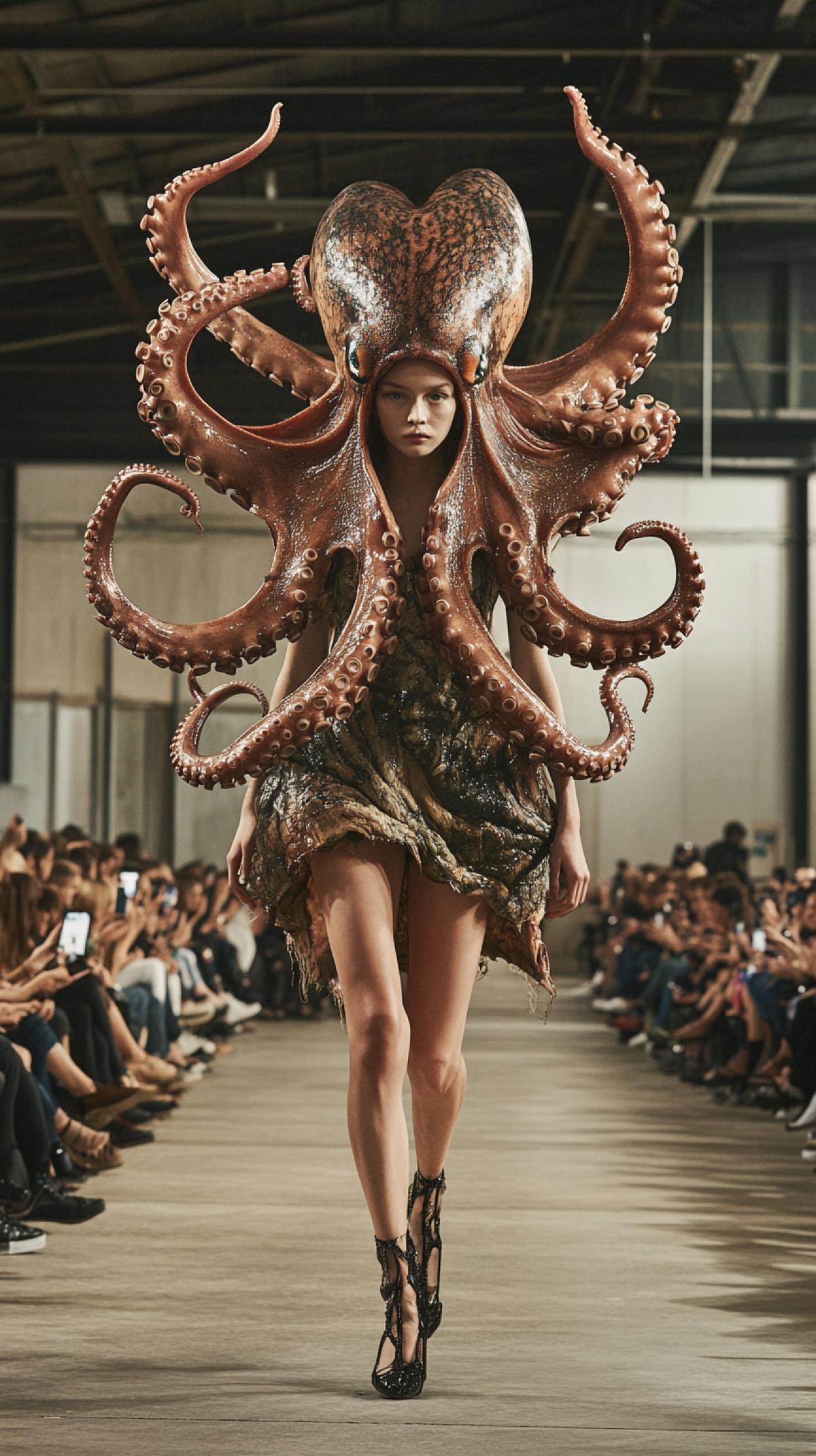 A hyper-realistic fashion photograph runway, full shot of a 35-year-old female spanish model with medium-length, brown hair and brown eyes, walks directly towards the camera, wearing a octopus tentacles dress, complete with flowing silicone appendages that mimic the movement and tactile sensation of a live octopus, modern industrial hall, stunning backdrop, metal, audience members sitting with good distance along either side of the runway, scattered throughout the venue are photographers, their cameras clicking rhythmically to capture the fleeting moments of grace and style, Modern and brightly lit, fujicolor superia x-tra 400, HDR, stylize 250.0