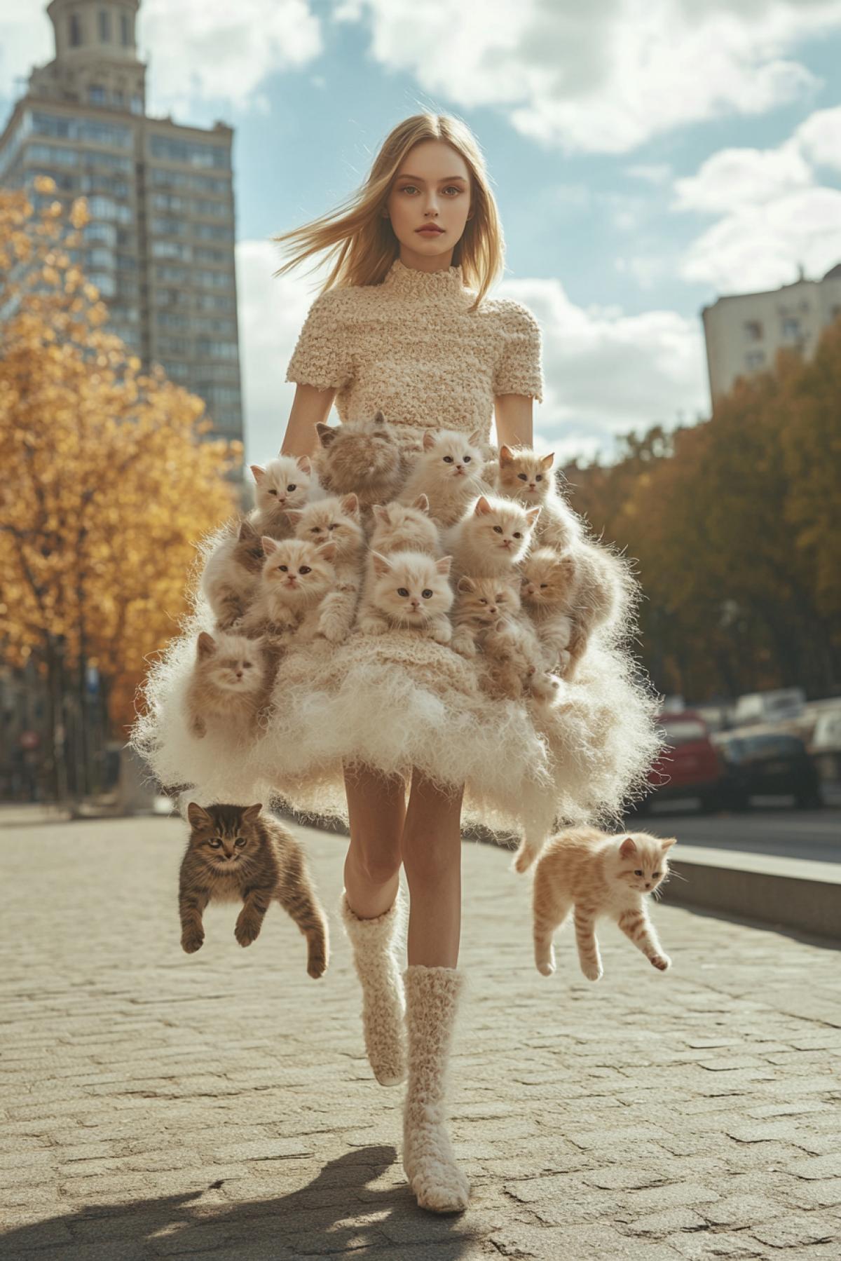 Hyperrealistic photo, full length of 20 year old Slavic model with medium length blond hair and brown eyes walking straight towards the camera wearing a dress made of fluffy kittens, complete with two kittens running behind her clinging to the hem, modern autumn city, stunning background, grace and style modern and brightly lit, fujicolor superia x-tra 400, HDR, stylize 250.0