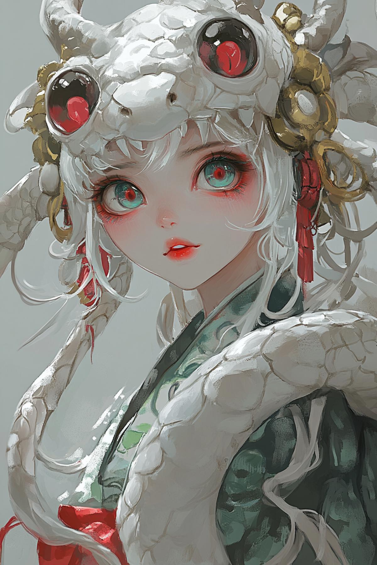 portrait of anthropomorphic white snake girl, big eyes, beautiful young girl, masterpiece, best quality, Intricate, super realistic epic shot, 8K, by Ruan Jia and Yanjun Cheng, different com4k, extremely detailed, high resolution personalize edxeirr