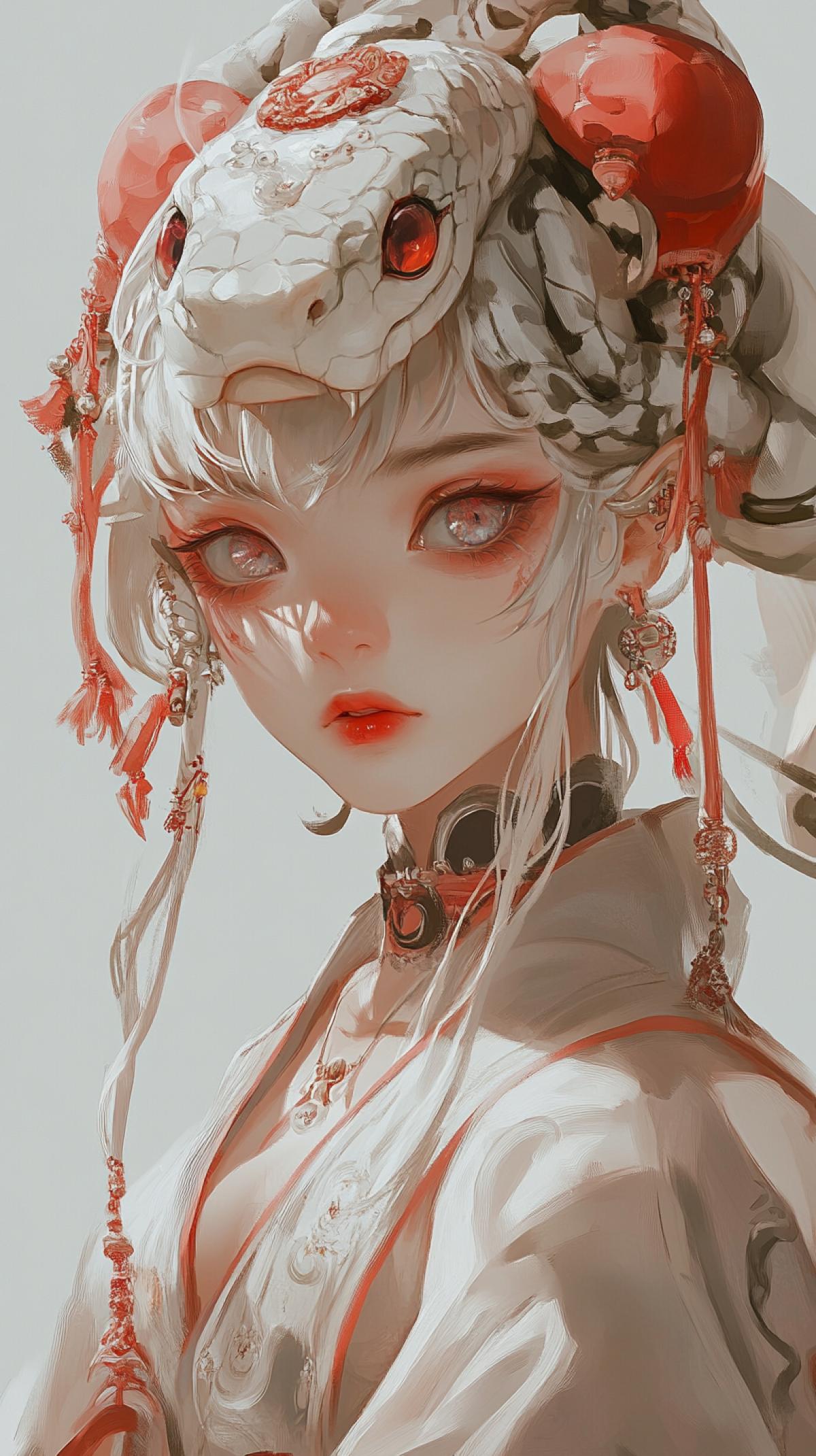 portrait of anthropomorphic white snake girl, big eyes, beautiful young girl, masterpiece, best quality, Intricate, super realistic epic shot, 8K, by Ruan Jia and Yanjun Cheng, different com4k, extremely detailed, high resolution personalize edxeirr