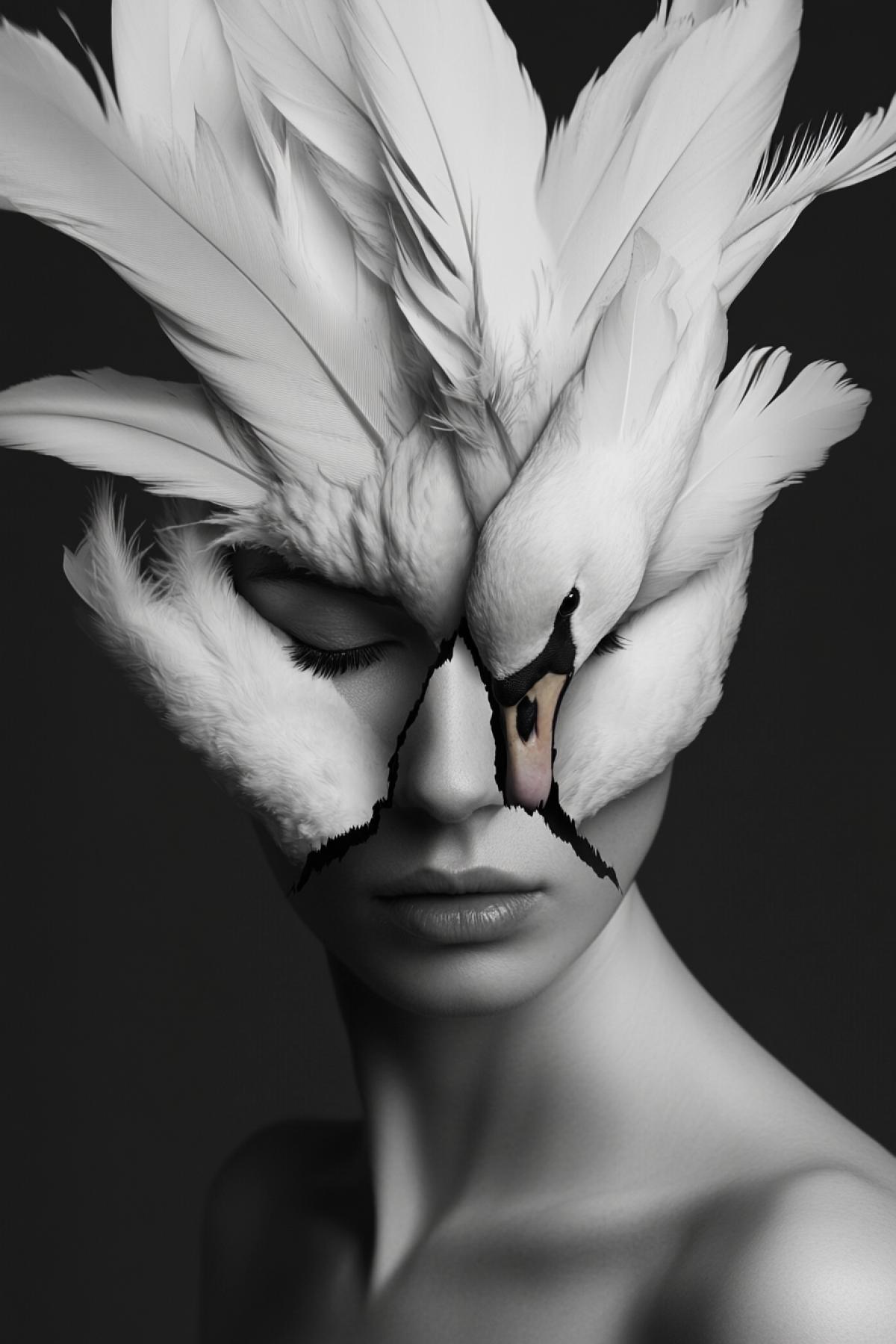 woman, made of swan bird, Split open, showcasing feathers inside. Surrealistic concept photography. dark Monochrome colours stylize 250.0