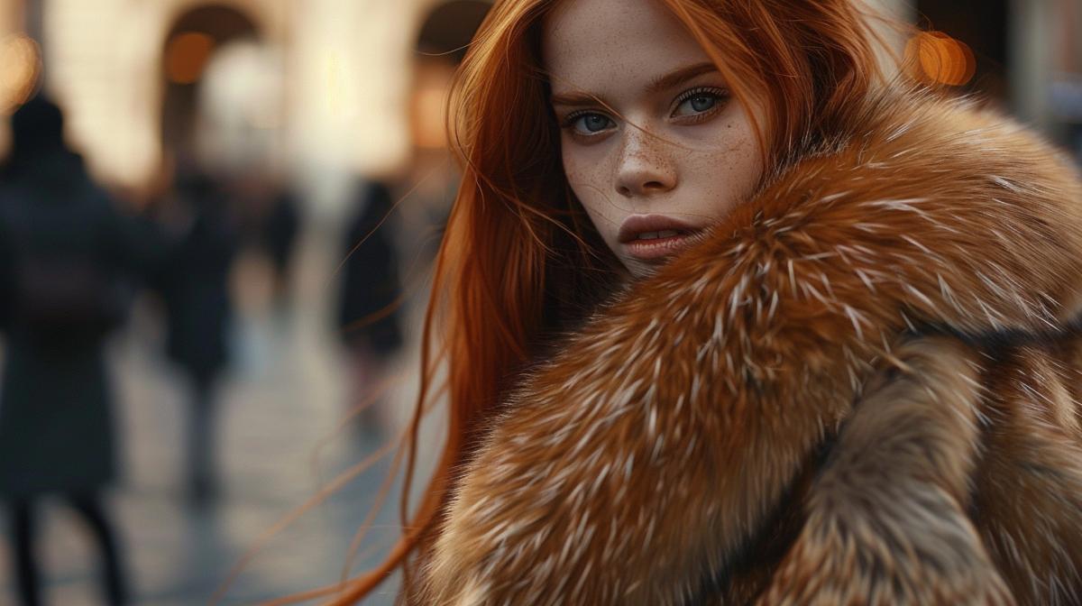 Red-haired girl in a fur coat made of live sables, photo from a fashion show on a square in Rome