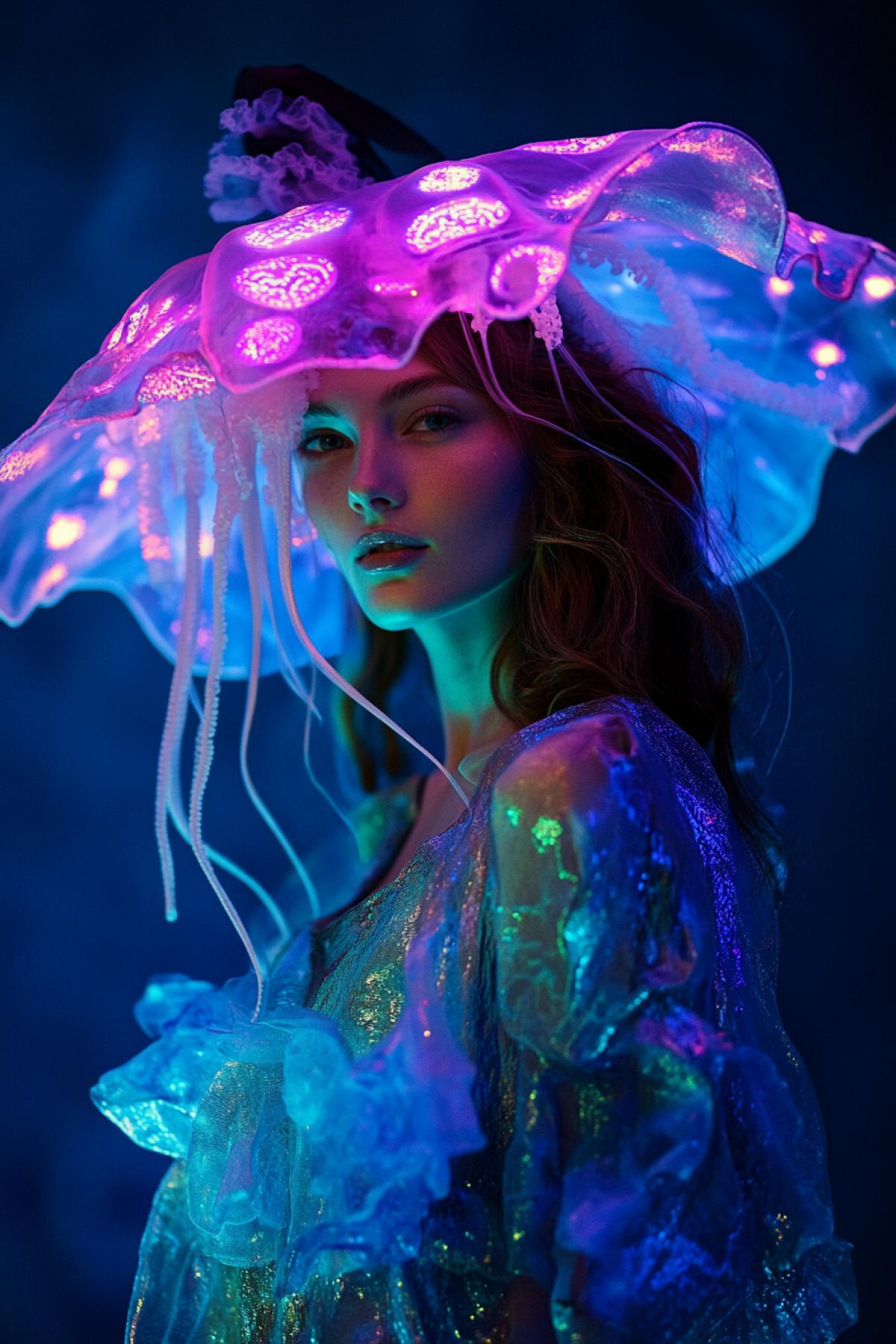 fashion portrait, bioluminescent clothing, Haeckel Inspired, Umbrella Medusa Jellyfish.captured on Hasselblad X1D, 100mm stylize 400.0