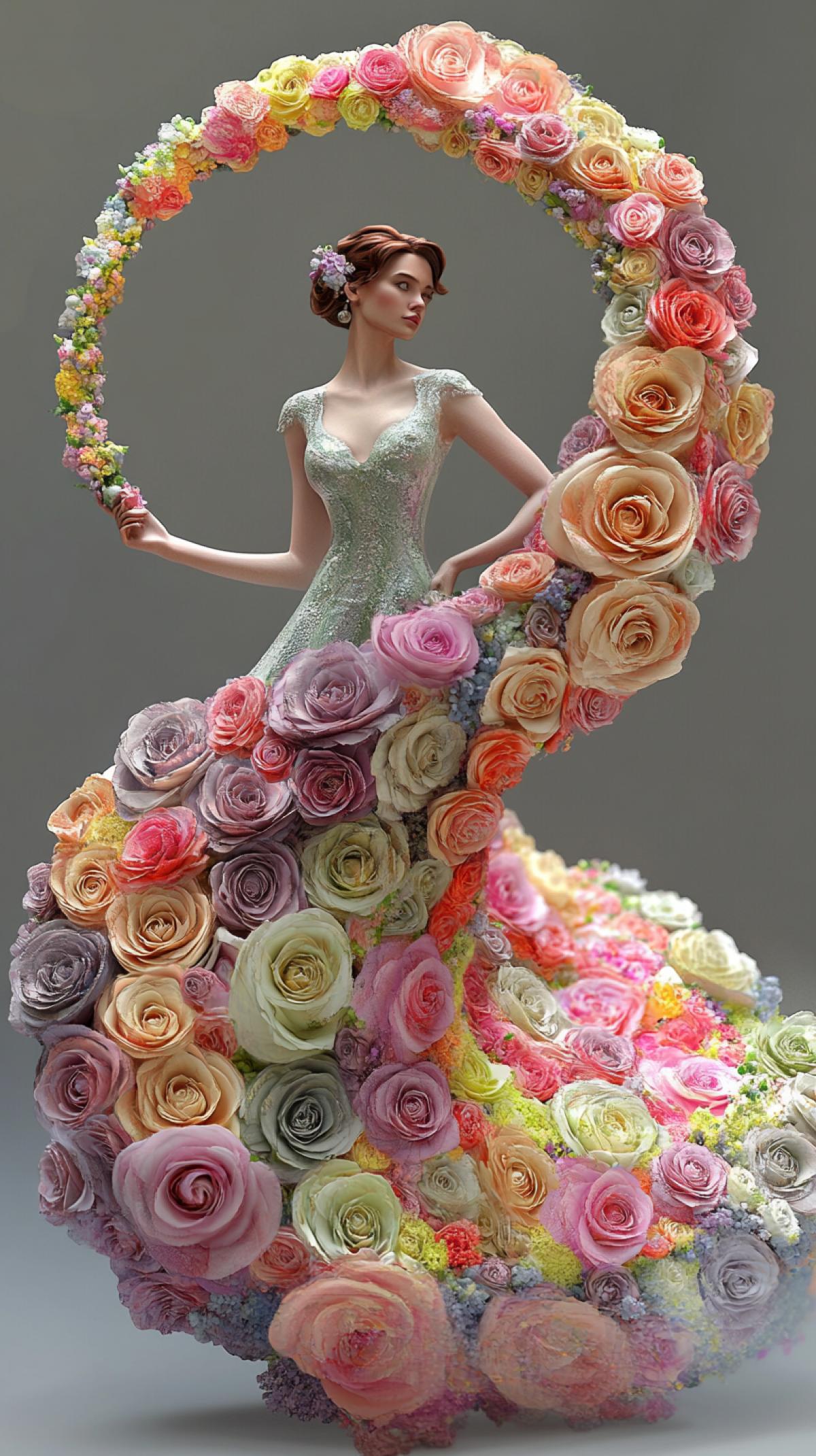Beautiful model,high fashion,long skirt made of swirling vortex of rose flowers,splash explosion,circle swirl,beautiful,pink,mint,gray,lilac,yellow