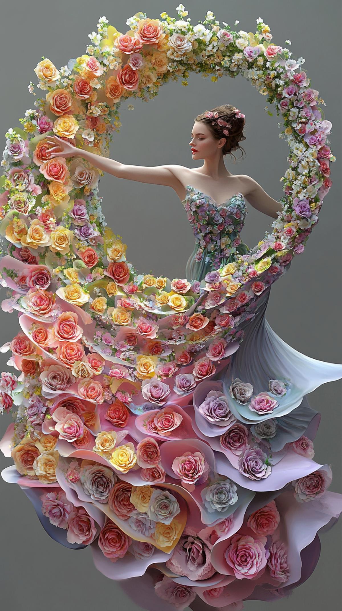 Beautiful model,high fashion,long skirt made of swirling vortex of rose flowers,splash explosion,circle swirl,beautiful,pink,mint,gray,lilac,yellow