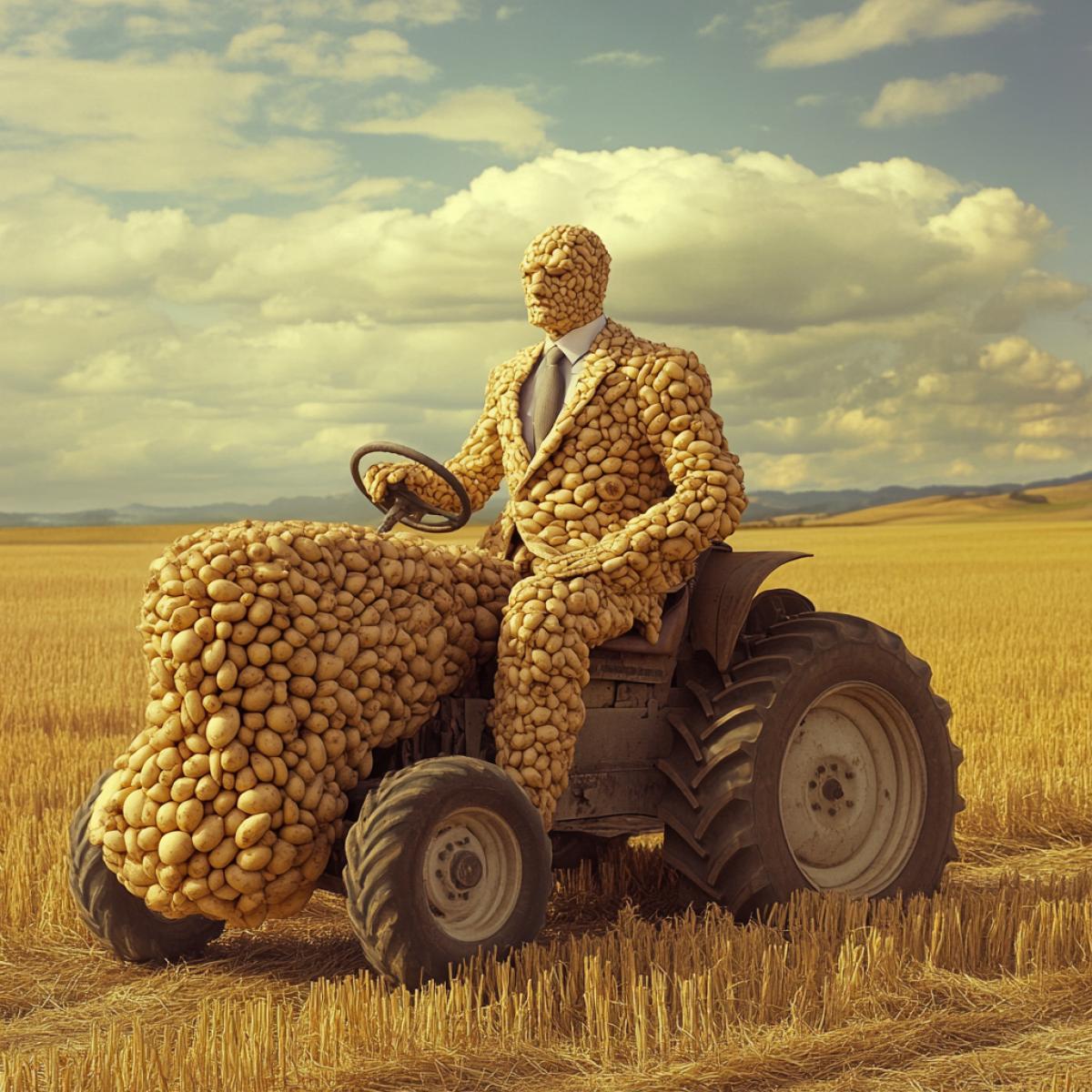 A whimsical and surreal image of a man wearing a tailored suit made entirely of intricately sculpted potatoes. He is comfortably seated on a tractor, driving across an expansive golden farmland under the warm afternoon sun. The juxta4k of high fashion and rural life creates a humorous and imaginative scene, capturing the essence of a lighthearted, whimsical moment.