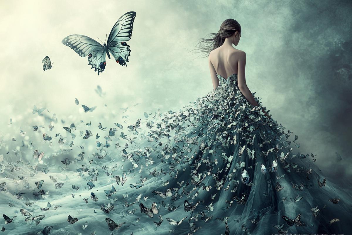 A surreal and dreamy image of a fashion model adorned in an ethereal gown, crafted from flowing water and delicately fluttering butterflies. The gown cascades down the model, creating an otherworldly waterfall effect. The background showcases a foggy, misty landscape, with a soft focus that adds to the dreamlike atmosphere. Each butterfly is rendered with high detail, and the waters fluidity is captured in a realistic manner.