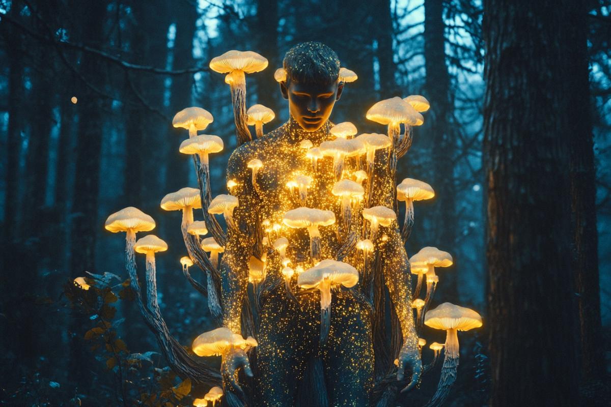 A and surreal scene where a man is dressed in a suit entirely made of glowing mushrooms and bioluminescent algae. Each fungus pulsates with a gentle, otherworldly light, casting a mesmerizing glow on his suit. The mans expression is one of serenity and wonder. The mystical forest environment around him is filled with tall trees, vines, and other bioluminescent flora, creating a and ethereal atmosphere. The cinematic lighting enhances the dreamlike quality of the scene, transporting the viewer into a fantastical world.