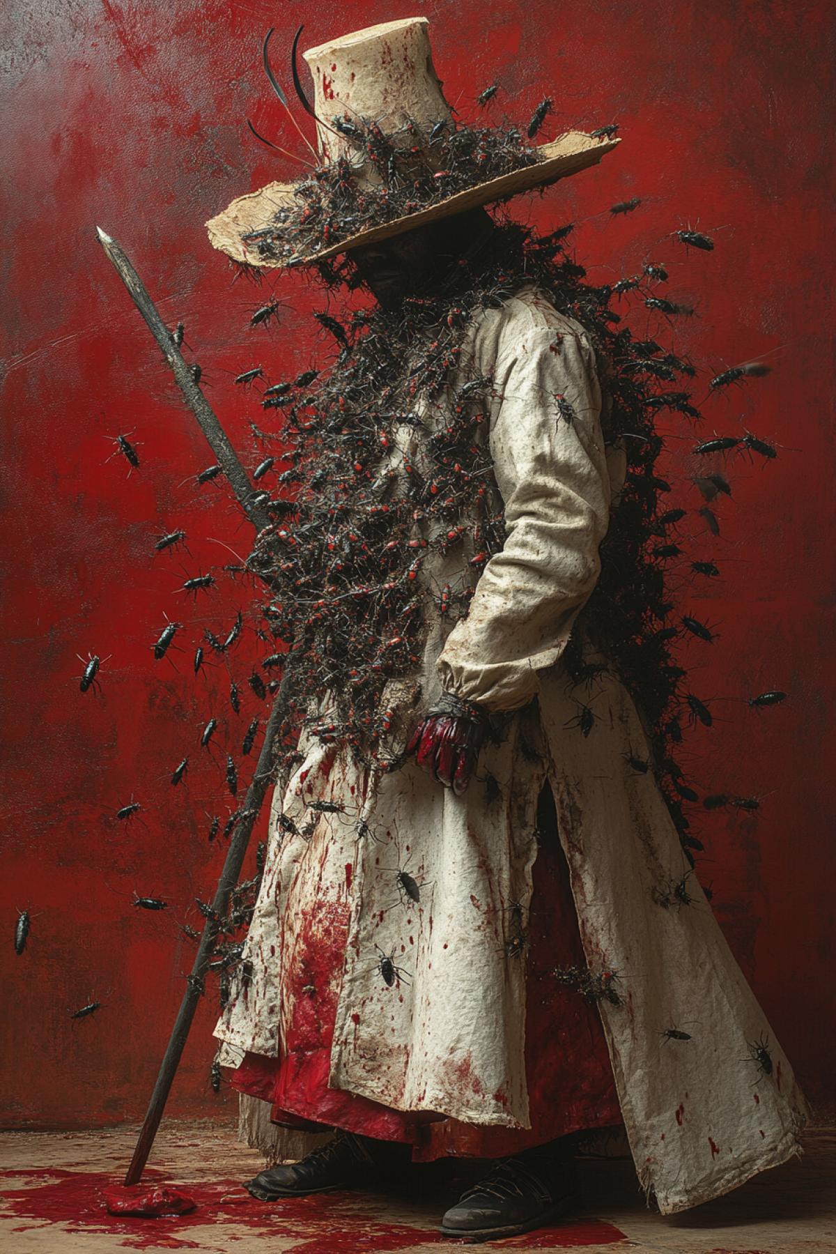 A surreal image of a butcher dressed in an extravagant costume of crawling cockroaches, dirtfully butchering the carcass of a bull. The insects move rhythmically across his , creating a bizarre and darkly humorous contrast. The butchers face is hidden beneath a large hat adorned with additional insects. The background is a dimly lit, red liquid-splattered room with a rustic, old-world charm. The overall ambiance is unsettling, yet strangely .
