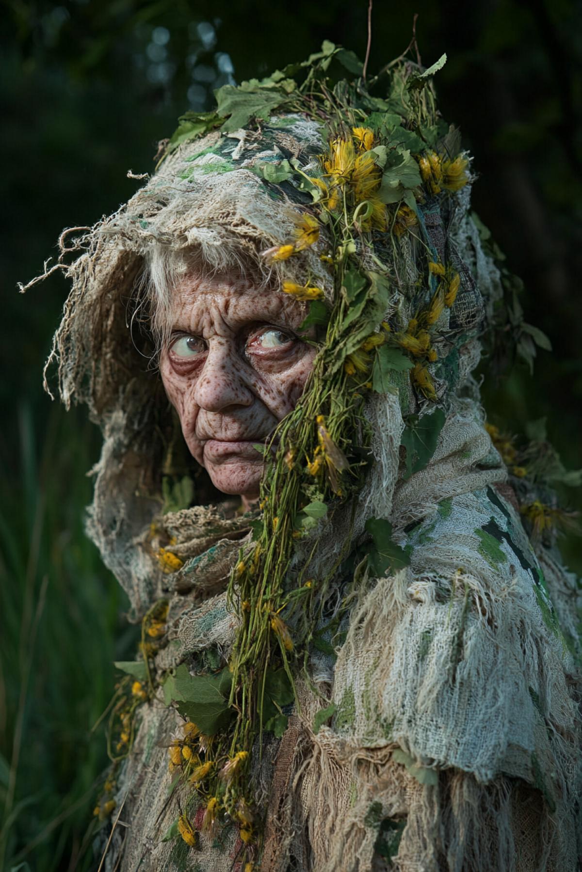 Old ugly insane woman wearing clothes made of woven of million buzzing aggressive wasps mystical discouraging atmosphere