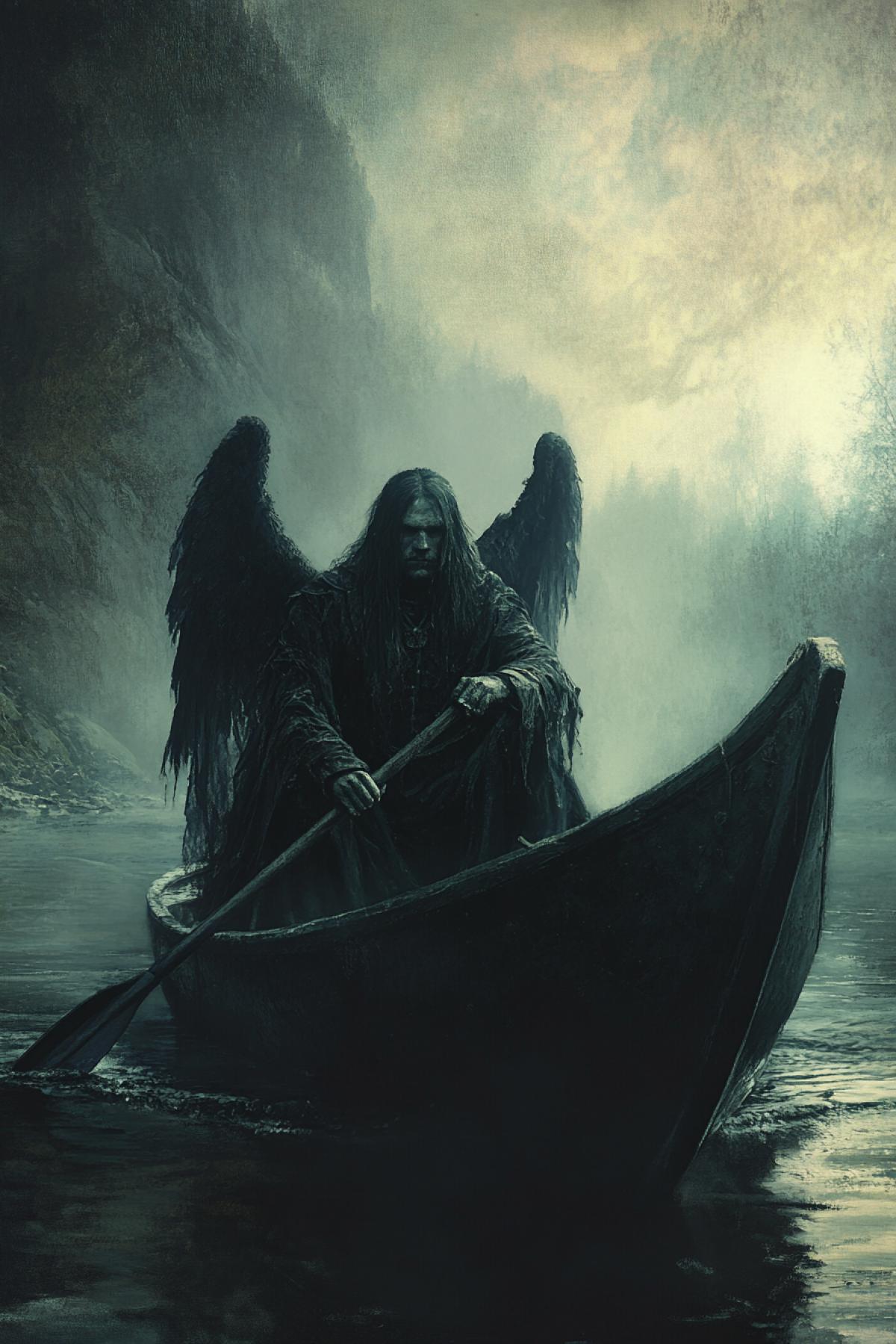 Awaiting Old tried dark male angel longhaired sad smart eyes thick eyebrows driving the boat a paddle in hands dark frightening river to cross the other bank hidden in thick fog desperate hopeless atmosphere detailed art