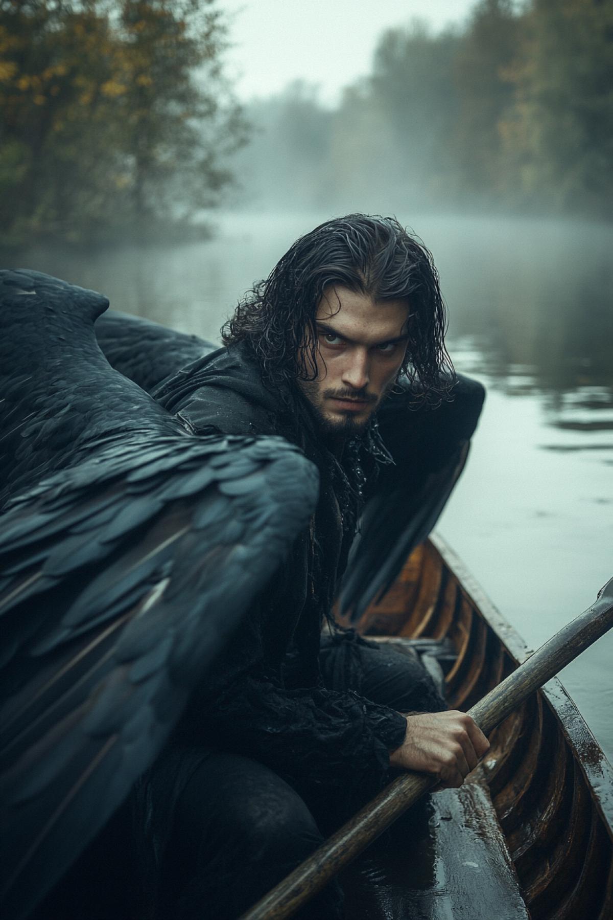 Awaiting Old tried dark male angel with dark feathery wings longhaired sad smart eyes thick eyebrows driving the boat a paddle in hands dark frightening river to cross the other bank hidden in thick fog desperate hopeless atmosphere detailed photo
