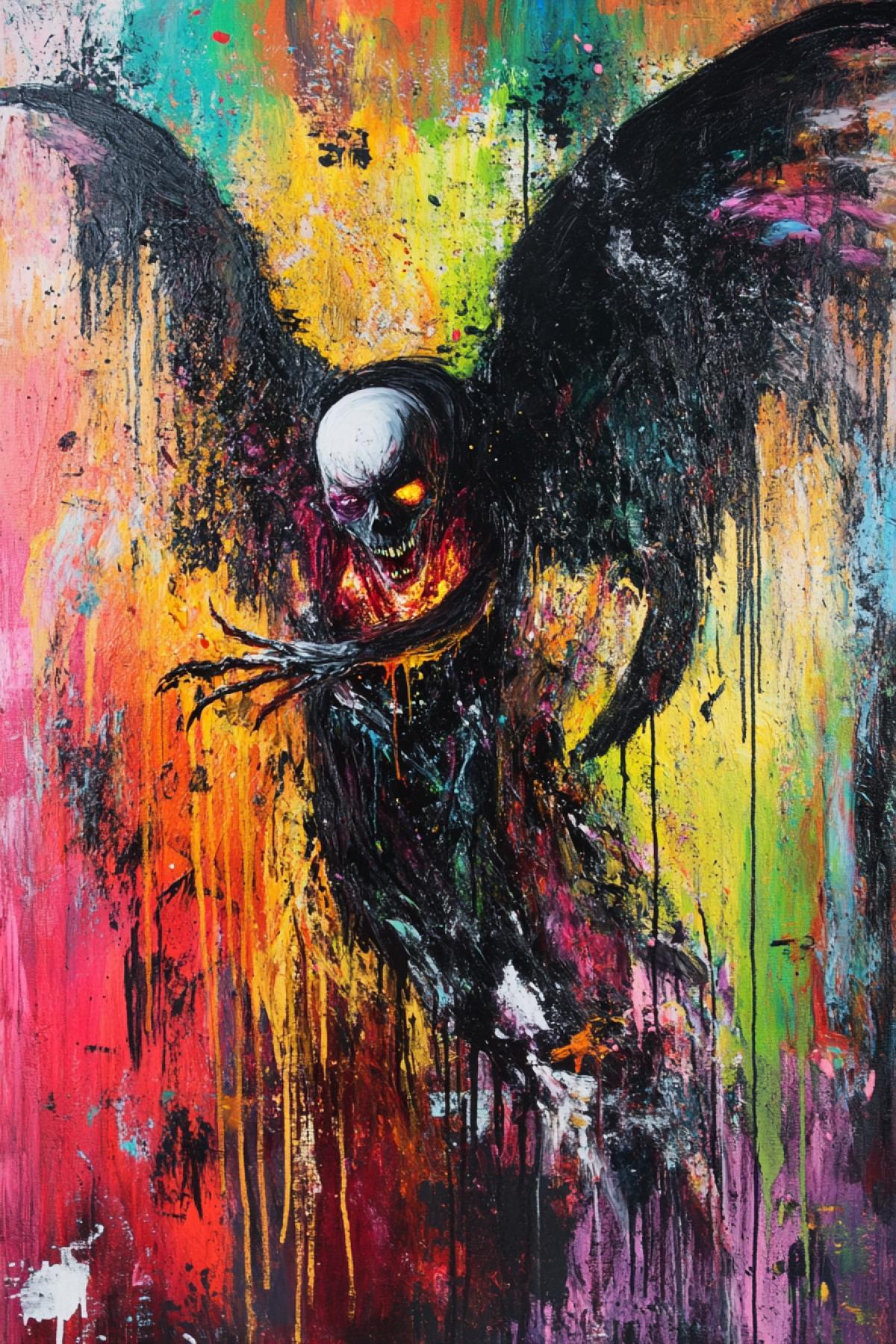 Freaky giggling ugly death angel dragging love soul to hell vibrant colours frightening art