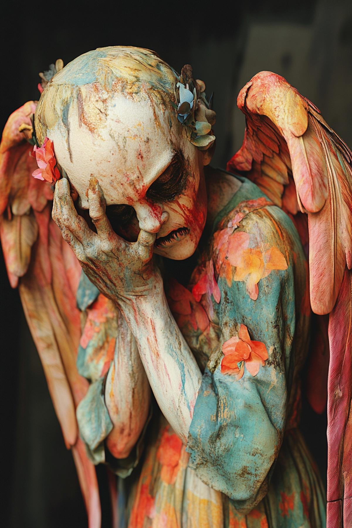 Freaky giggling ugly angel dragging love soul to hell vibrant colours frightening detailed hyperrealistic photo